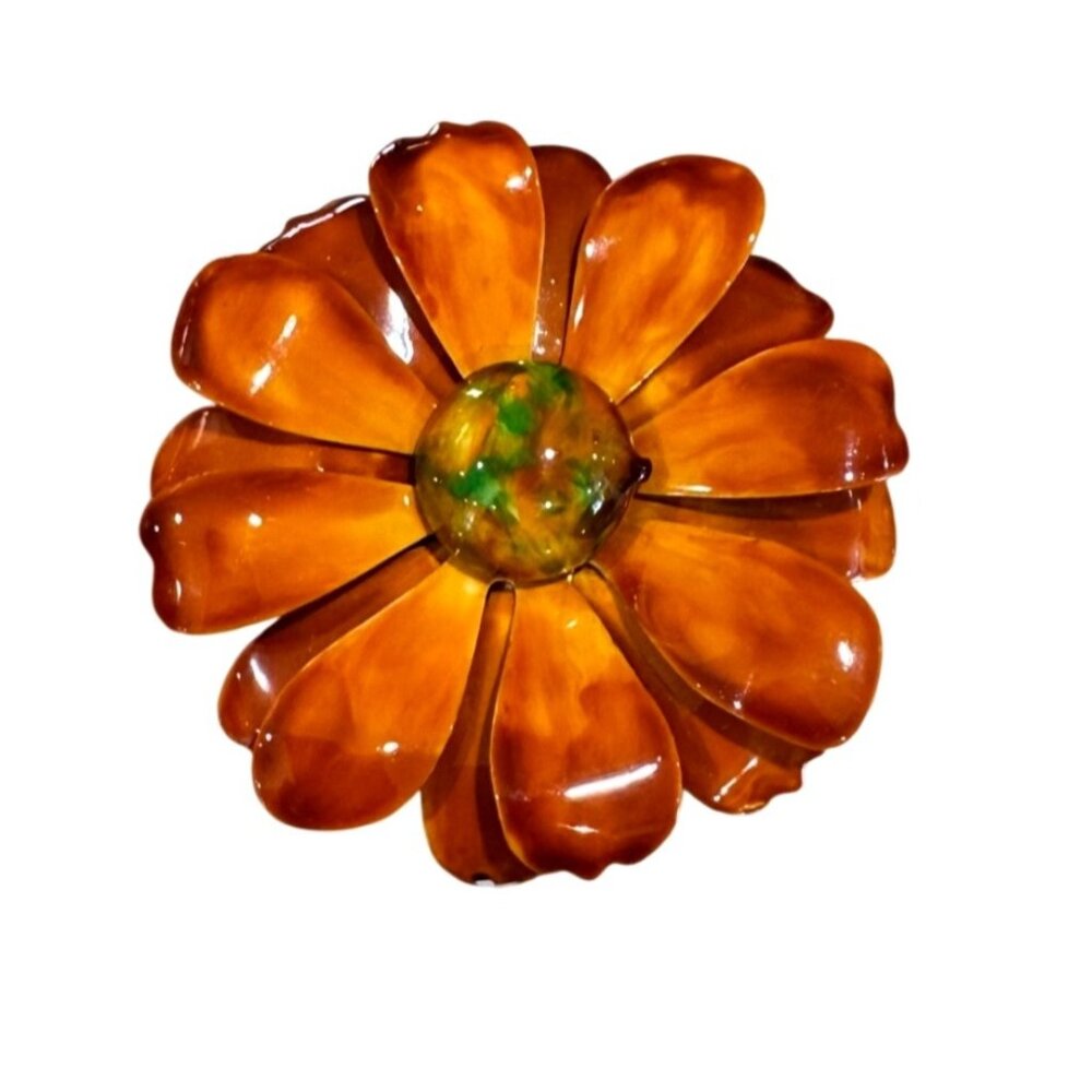Vintage 1960 Robert Original Orange Enamel Flower Brooch Retro Statement Jewelry